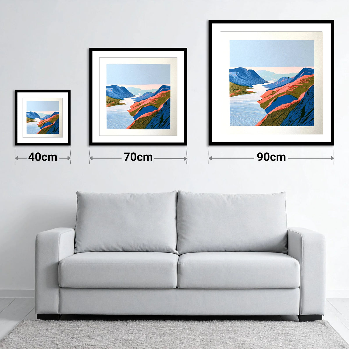 Vibrant Summit View Over the Lake - size guide showing 40cm, 70cm and 90cm art prints