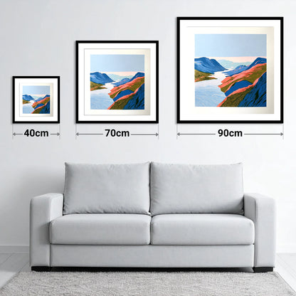 Vibrant Summit View Over the Lake - size guide showing 40cm, 70cm and 90cm art prints