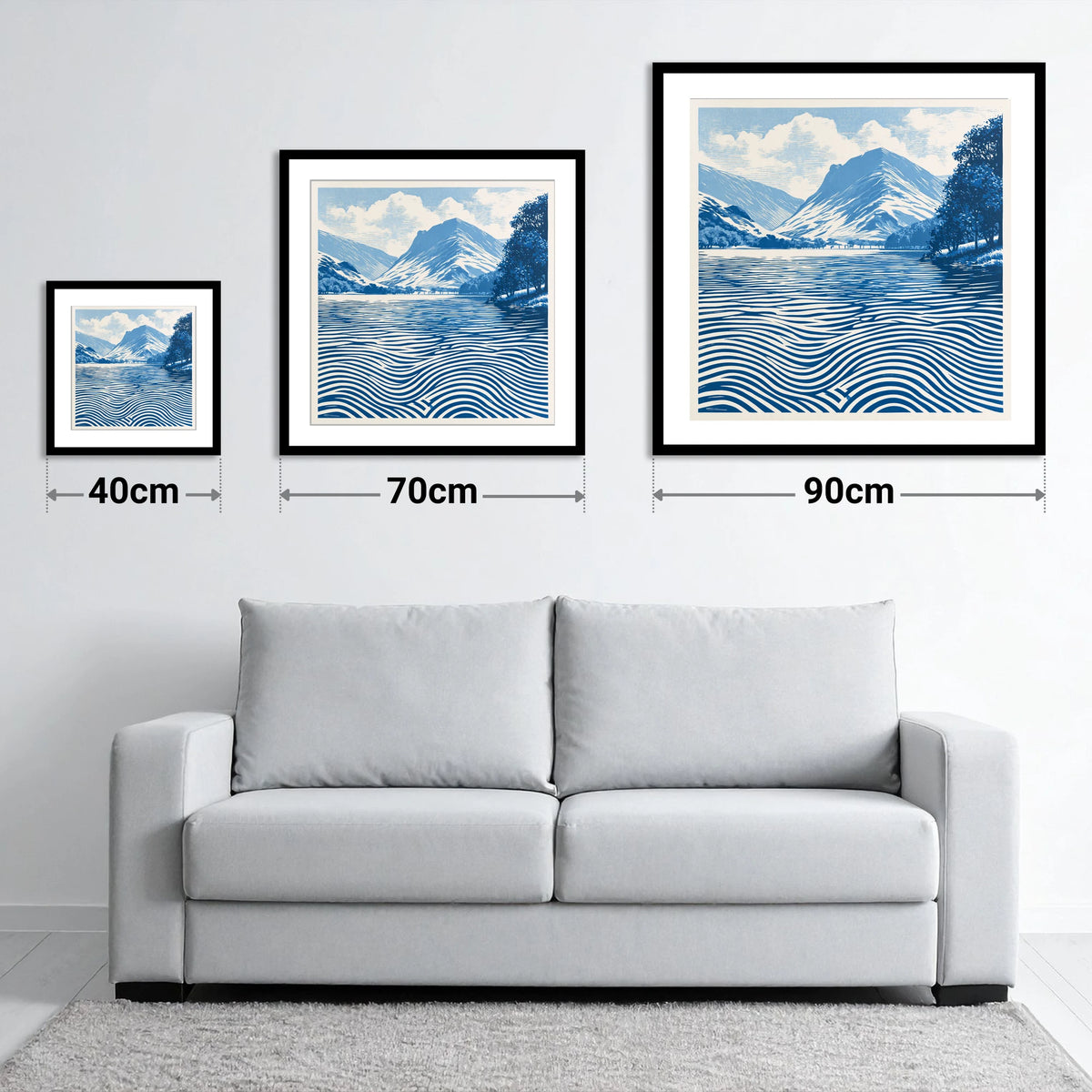 Buttermere in Cobalt Blue - size guide showing 40cm, 70cm and 90cm art prints