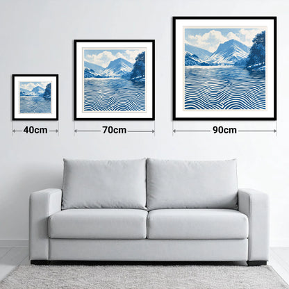 Buttermere in Cobalt Blue - size guide showing 40cm, 70cm and 90cm art prints