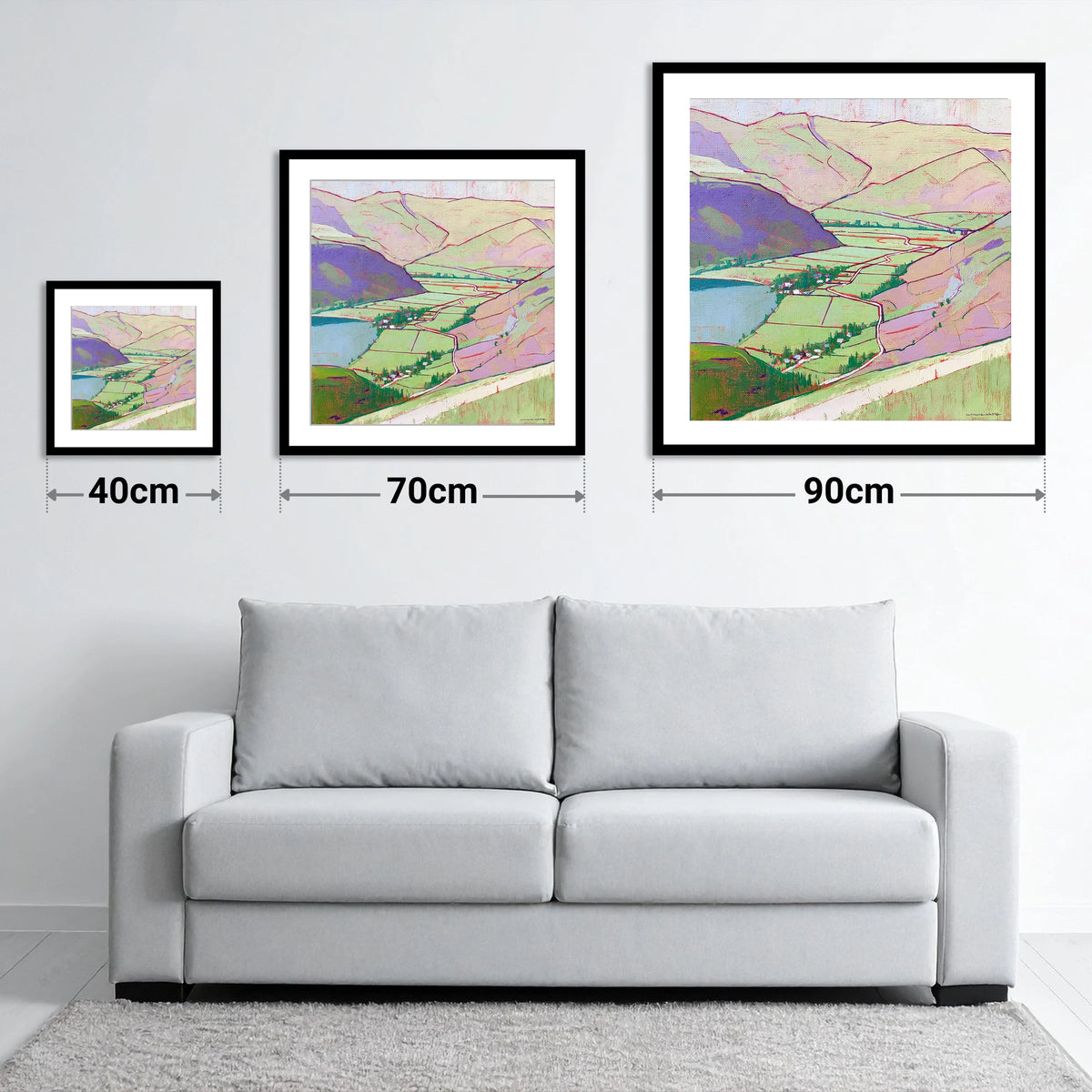 Vibrant Patterdale From Place Fell - size guide showing 40cm, 70cm and 90cm art prints