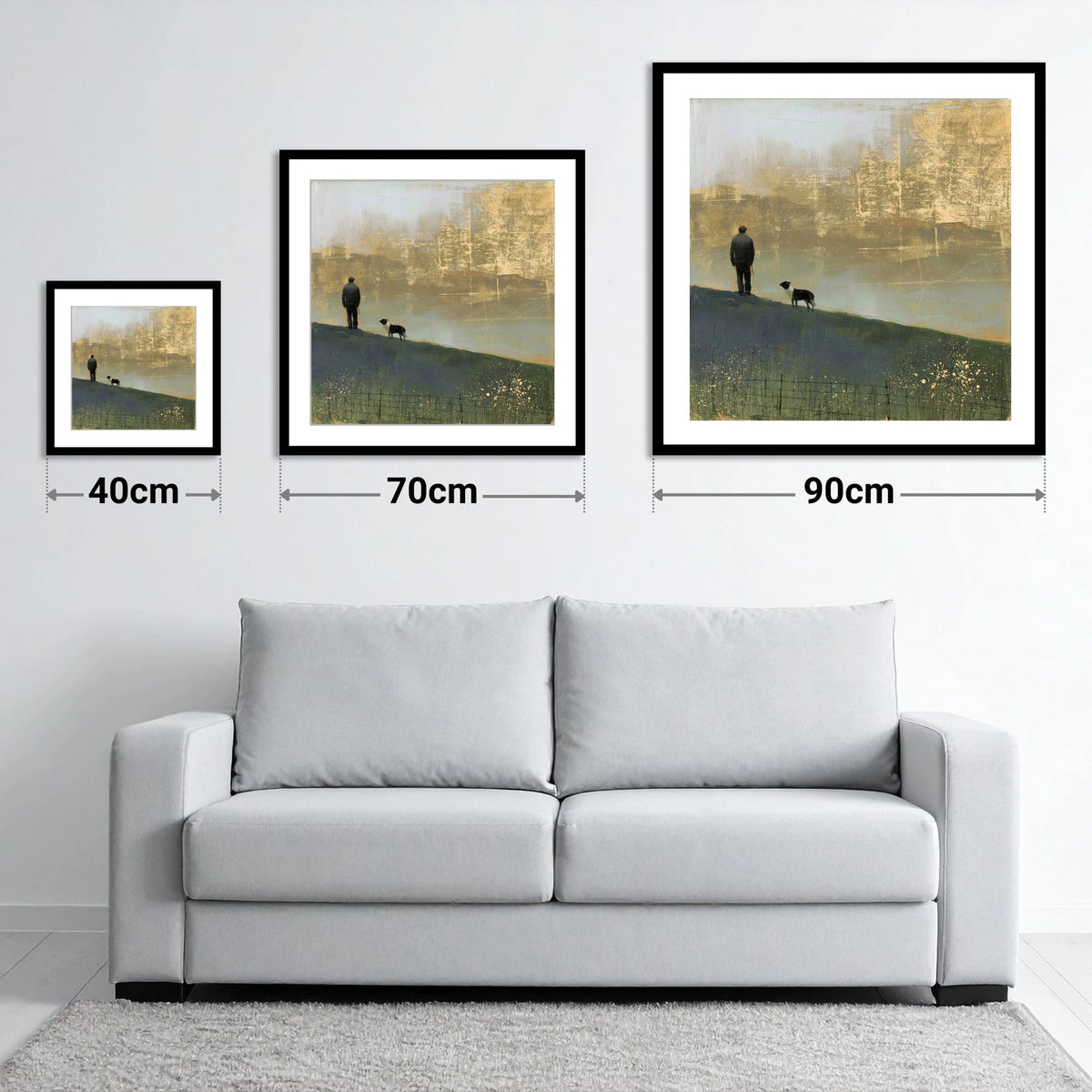 Shepherd and Dog in Golden Mist - size guide showing 40cm, 70cm and 90cm art prints