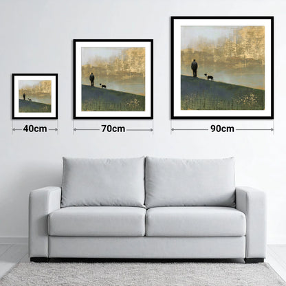 Shepherd and Dog in Golden Mist - size guide showing 40cm, 70cm and 90cm art prints