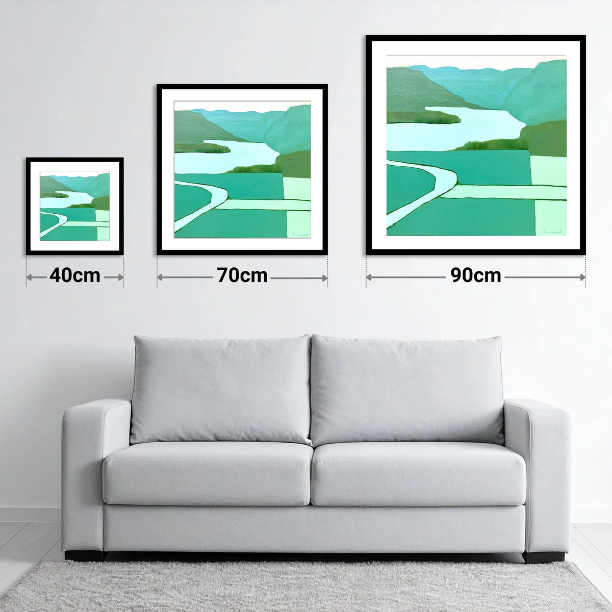 Aerial Elter Water in Teal - size guide showing 40cm, 70cm and 90cm art prints