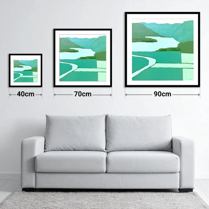 Aerial Elter Water in Teal - size guide showing 40cm, 70cm and 90cm art prints