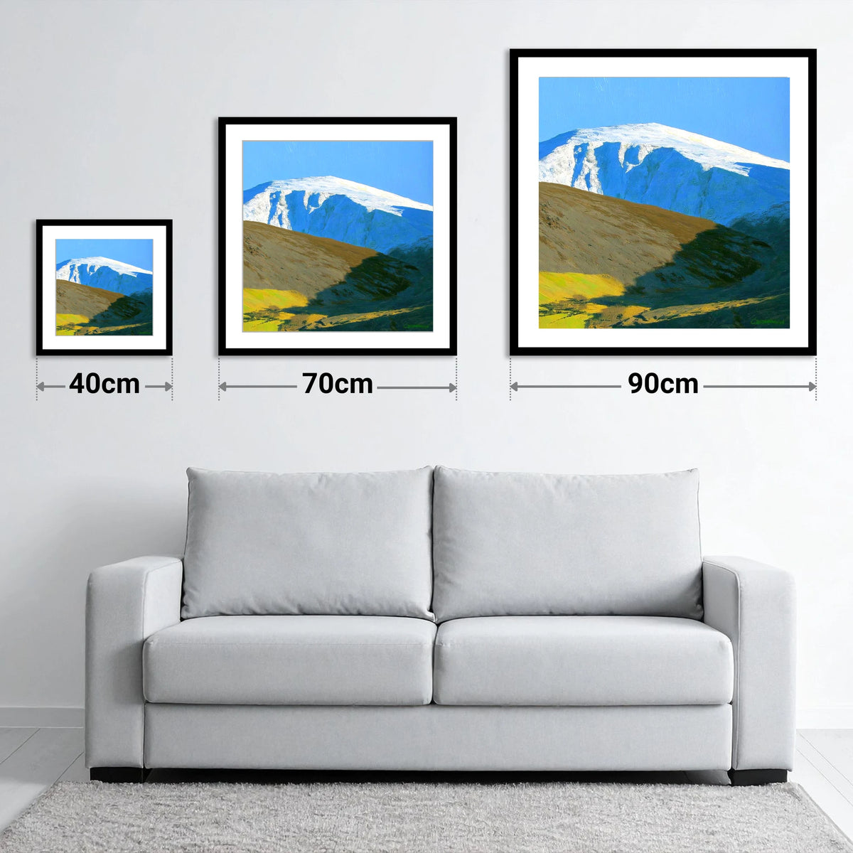Sunlight on Snow Capped Raise - size guide showing 40cm, 70cm and 90cm art prints