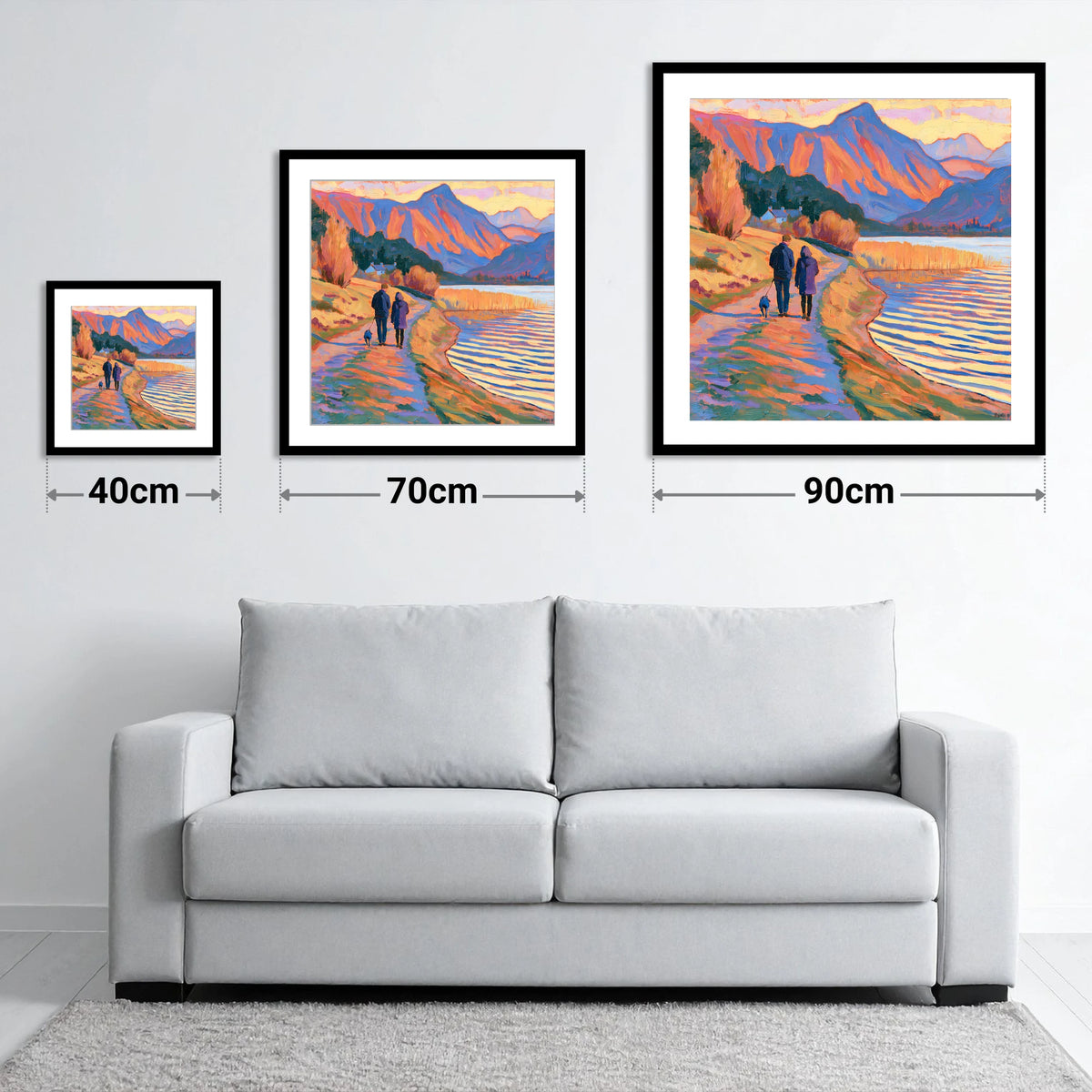 Vibrant Dog Walk at Hawkshead - size guide showing 40cm, 70cm and 90cm art prints