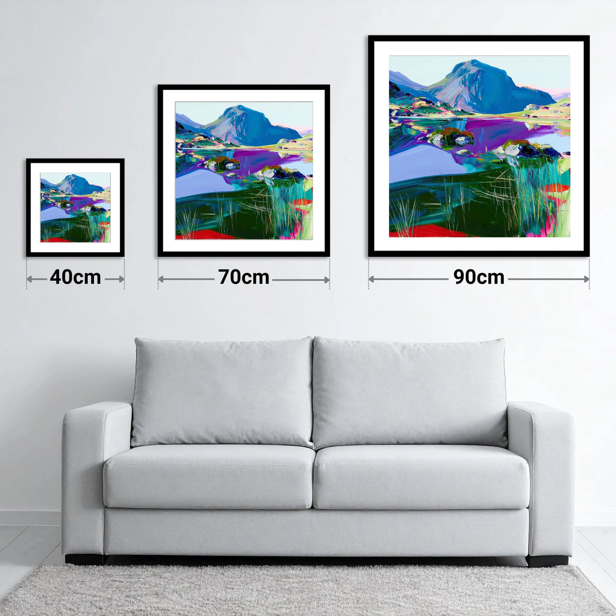 Vivid Haystacks and Dark Tarn - size guide showing 40cm, 70cm and 90cm art prints