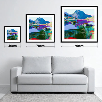 Vivid Haystacks and Dark Tarn - size guide showing 40cm, 70cm and 90cm art prints