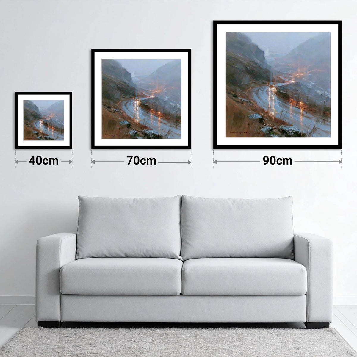 Rainy Mountain Pass at Dusk - size guide showing 40cm, 70cm and 90cm art prints