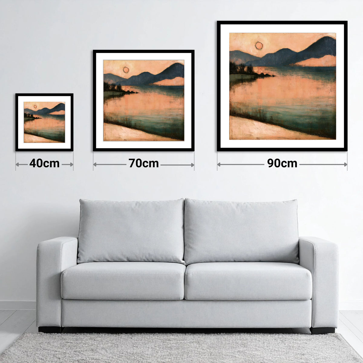 Terracotta Sunset Over Lakeland Water - size guide showing 40cm, 70cm and 90cm art prints