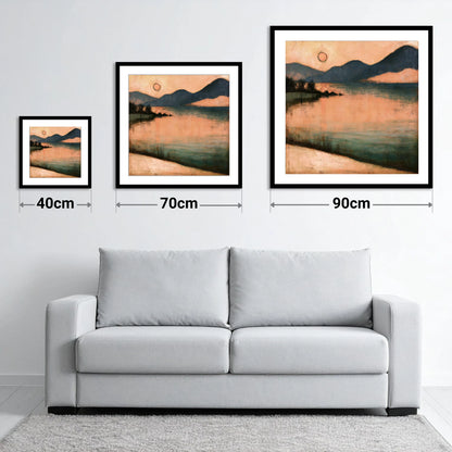 Terracotta Sunset Over Lakeland Water - size guide showing 40cm, 70cm and 90cm art prints
