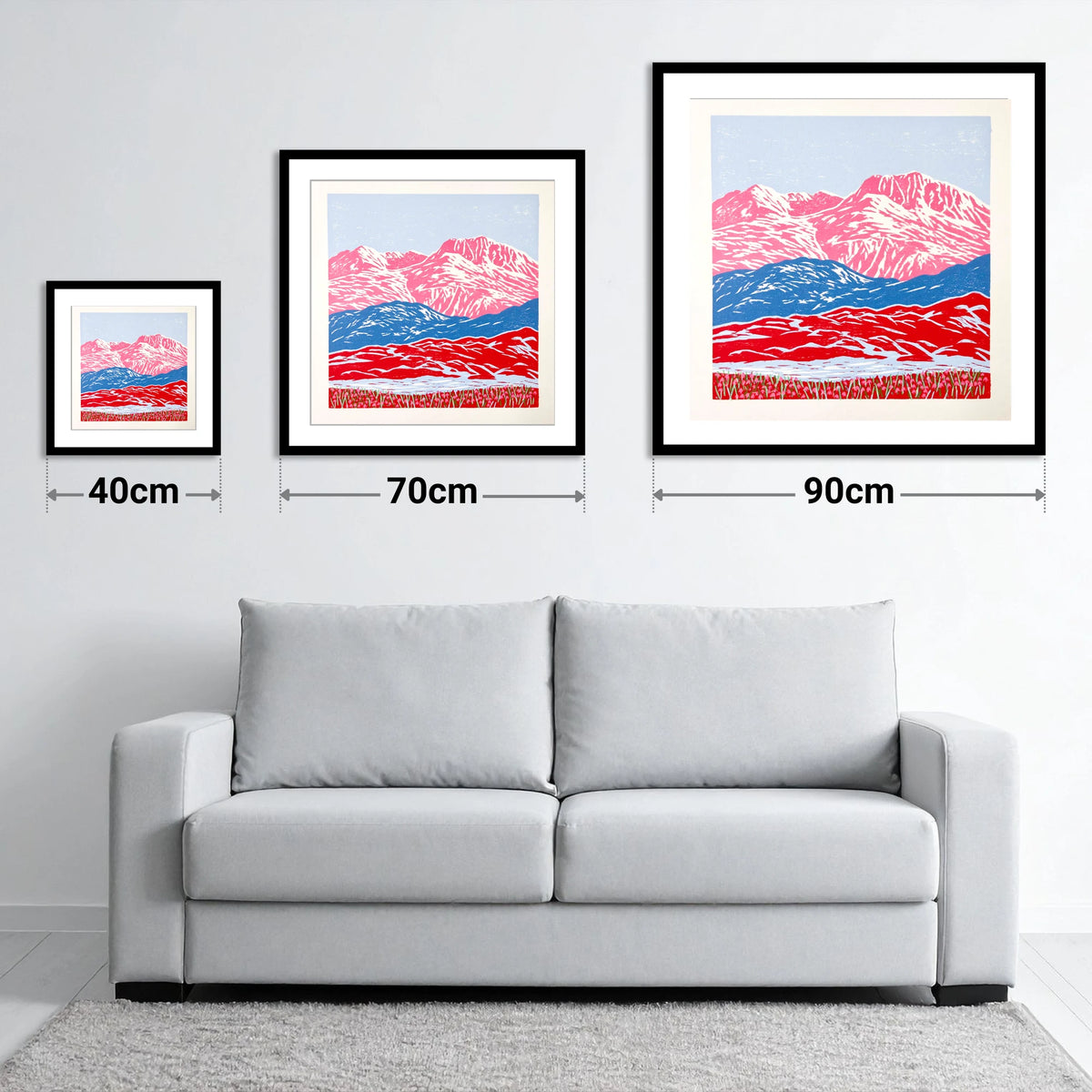 Bowfell in Bold Pink and Blue - size guide showing 40cm, 70cm and 90cm art prints