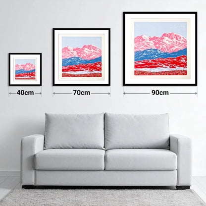Bowfell in Bold Pink and Blue - size guide showing 40cm, 70cm and 90cm art prints