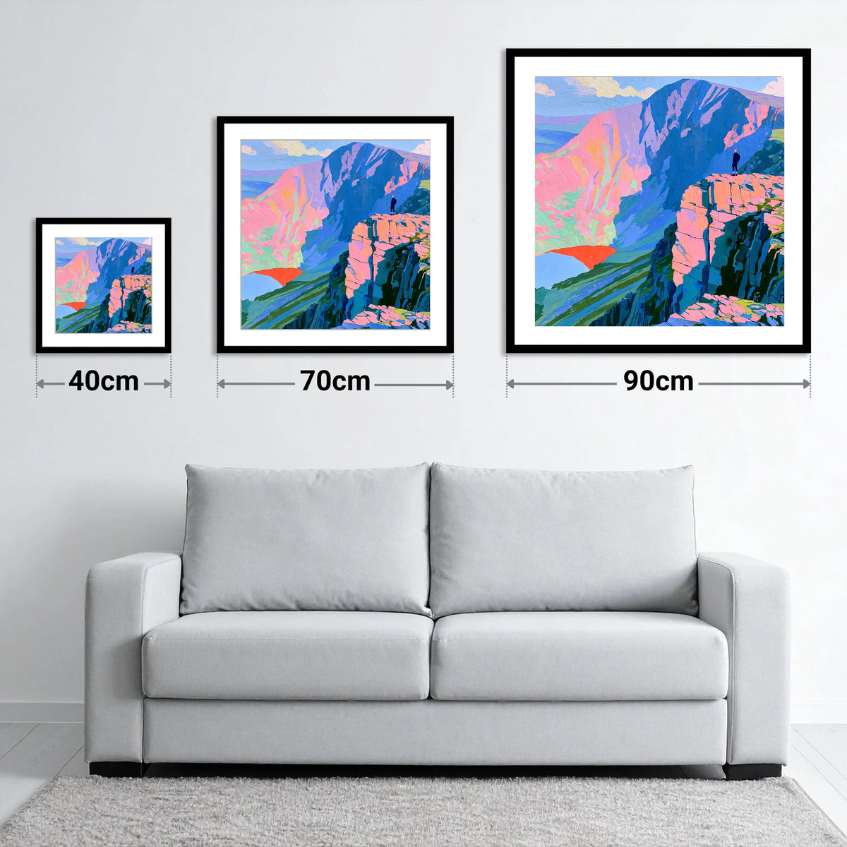 Helvellyn Walker in Vibrant Colour - size guide showing 40cm, 70cm and 90cm art prints