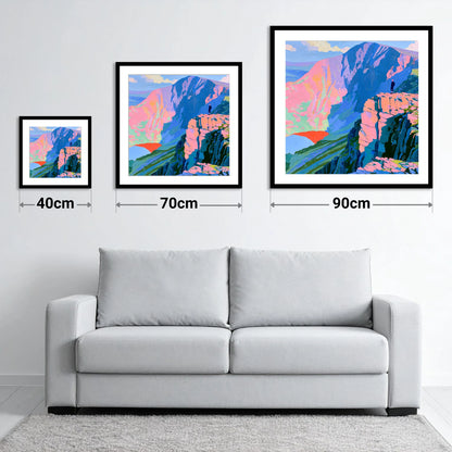 Helvellyn Walker in Vibrant Colour - size guide showing 40cm, 70cm and 90cm art prints