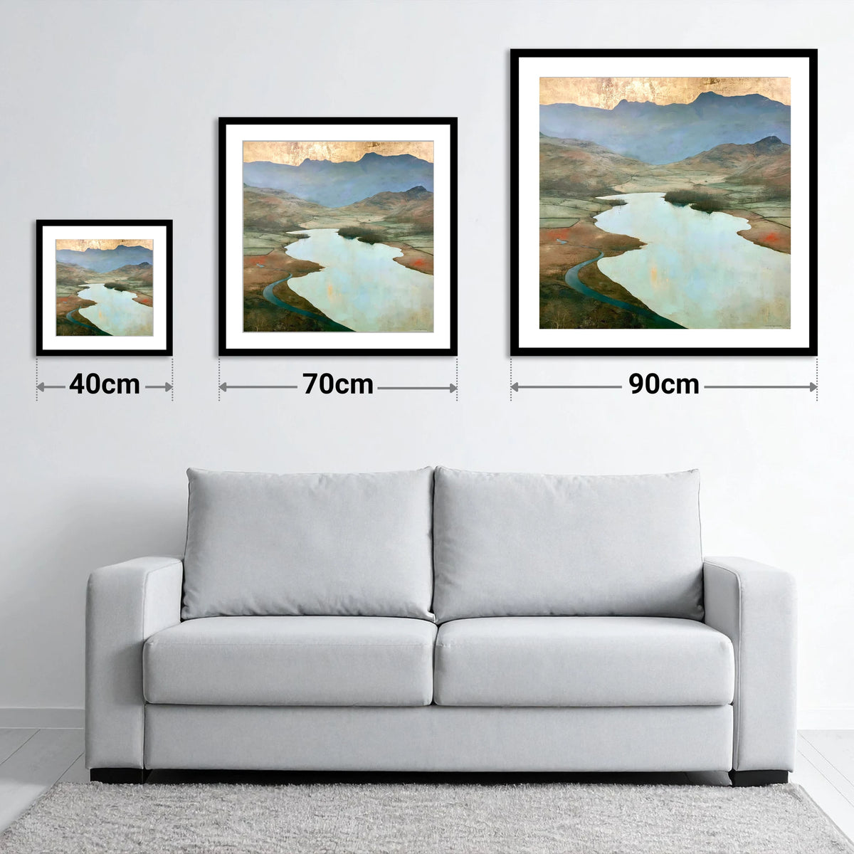 Golden Sky Over Elter Water - size guide showing 40cm, 70cm and 90cm art prints