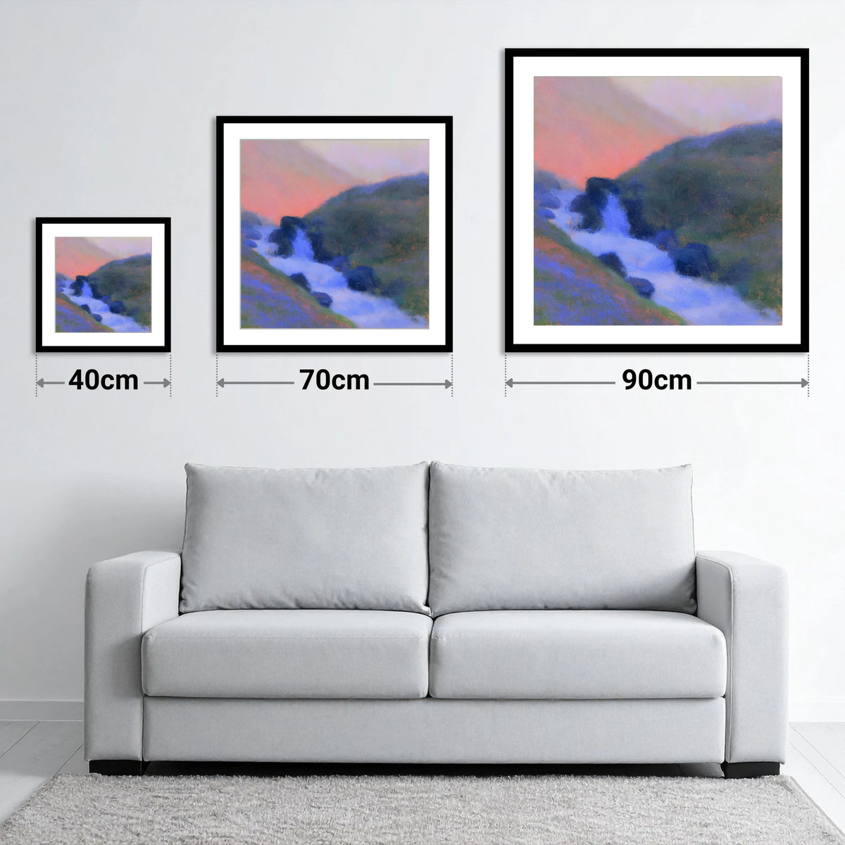 Fellside Beck in Peach Twilight - size guide showing 40cm, 70cm and 90cm art prints