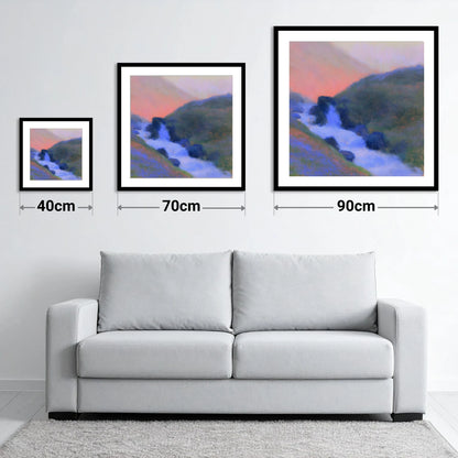 Fellside Beck in Peach Twilight - size guide showing 40cm, 70cm and 90cm art prints