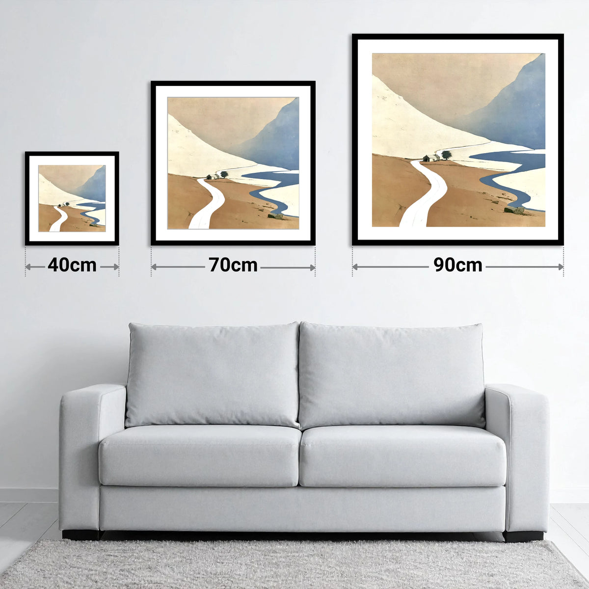 Kirkstone Pass Minimalist Landscape - size guide showing 40cm, 70cm and 90cm art prints