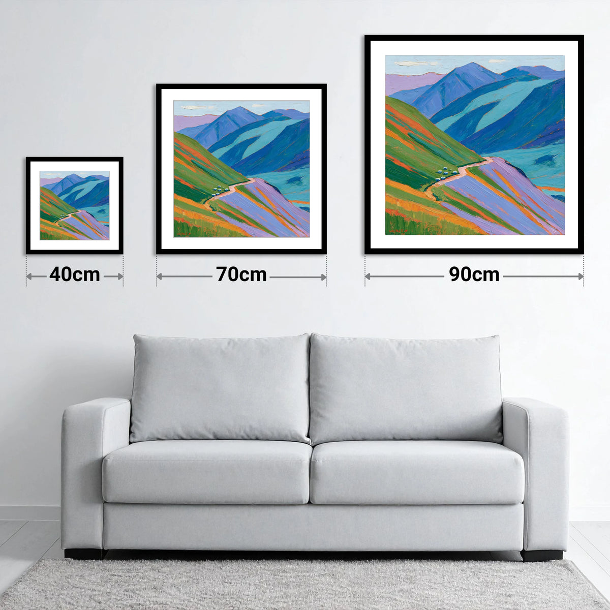 Vibrant Fells From The Summit - size guide showing 40cm, 70cm and 90cm art prints