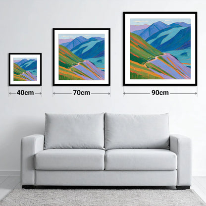 Vibrant Fells From The Summit - size guide showing 40cm, 70cm and 90cm art prints