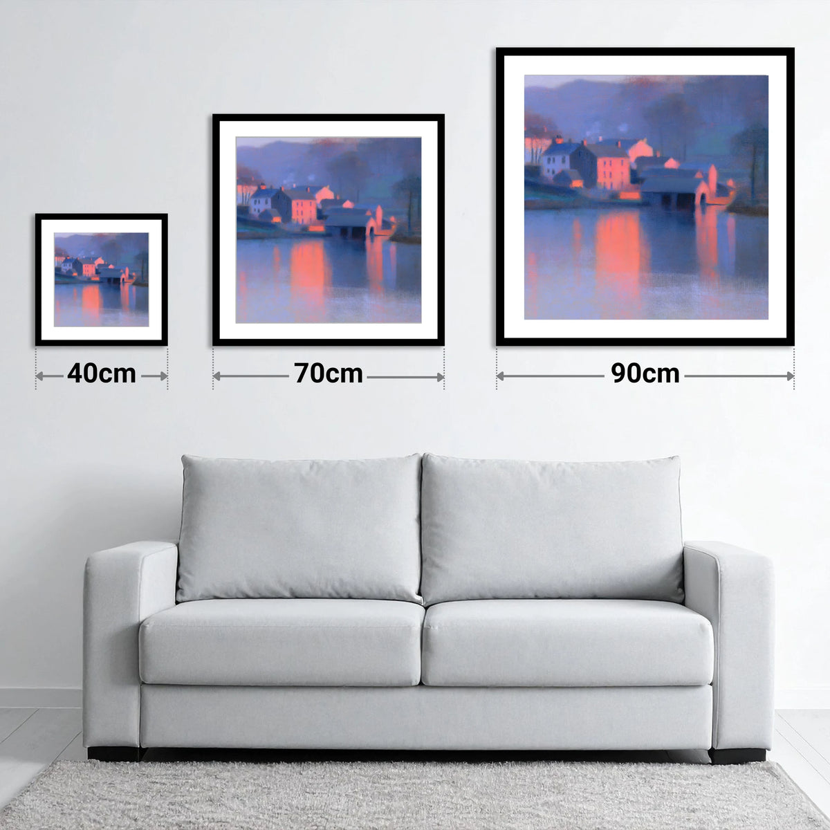 Lakeside Village in Pink Twilight - size guide showing 40cm, 70cm and 90cm art prints