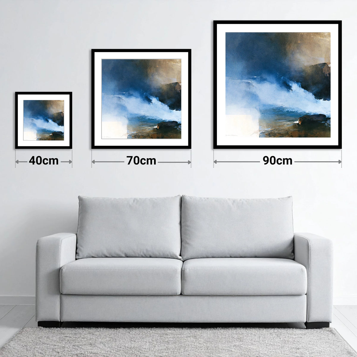 Stormy Blue Fellside Beck - size guide showing 40cm, 70cm and 90cm art prints