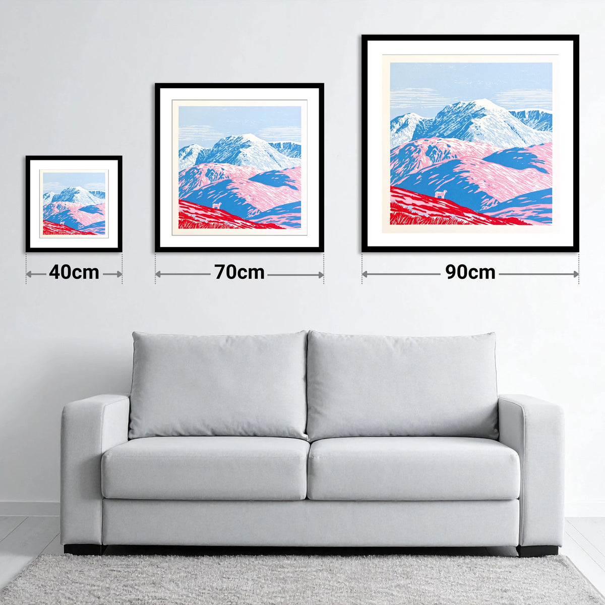Vivid Pink Fells Below Bowfell - size guide showing 40cm, 70cm and 90cm art prints
