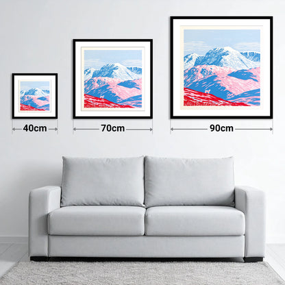 Vivid Pink Fells Below Bowfell - size guide showing 40cm, 70cm and 90cm art prints