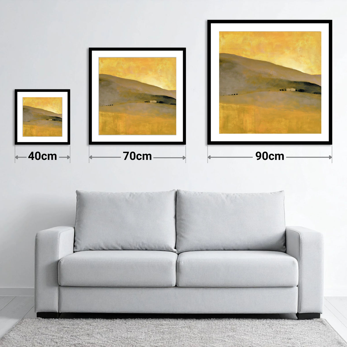 Golden Light on the Fellside - size guide showing 40cm, 70cm and 90cm art prints
