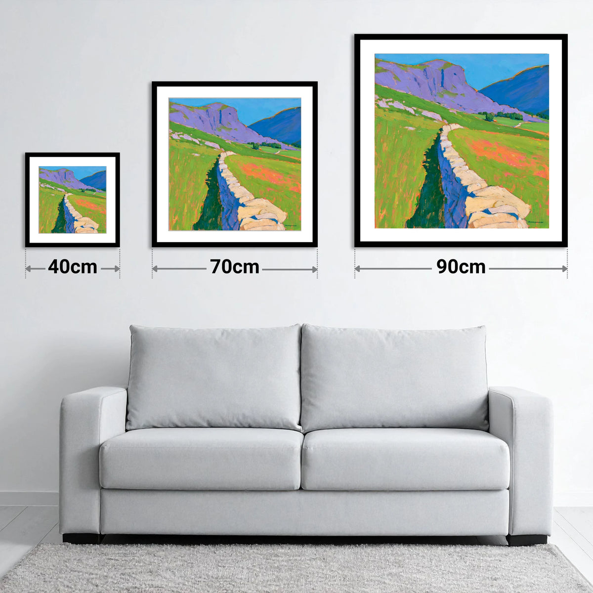 Vibrant Valley Drystone Wall - size guide showing 40cm, 70cm and 90cm art prints