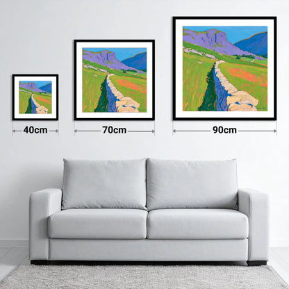 Vibrant Valley Drystone Wall - size guide showing 40cm, 70cm and 90cm art prints