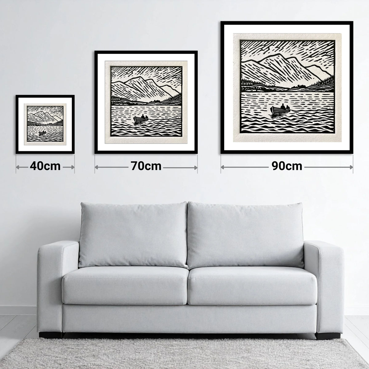 Coniston Water in Bold Monochrome - size guide showing 40cm, 70cm and 90cm art prints