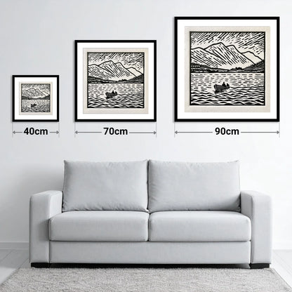 Coniston Water in Bold Monochrome - size guide showing 40cm, 70cm and 90cm art prints