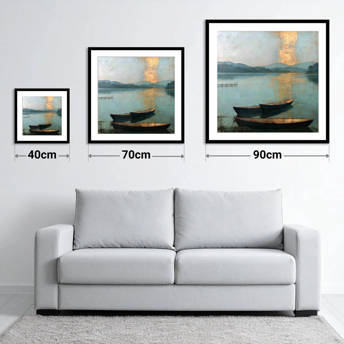 Golden Light over Windermere Boats - size guide showing 40cm, 70cm and 90cm art prints