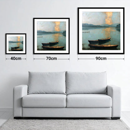 Golden Light over Windermere Boats - size guide showing 40cm, 70cm and 90cm art prints