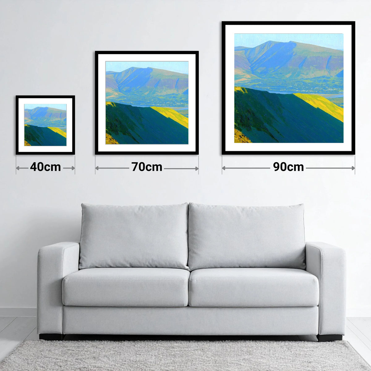 Skiddaw Little Man Sunlit Ridge - size guide showing 40cm, 70cm and 90cm art prints