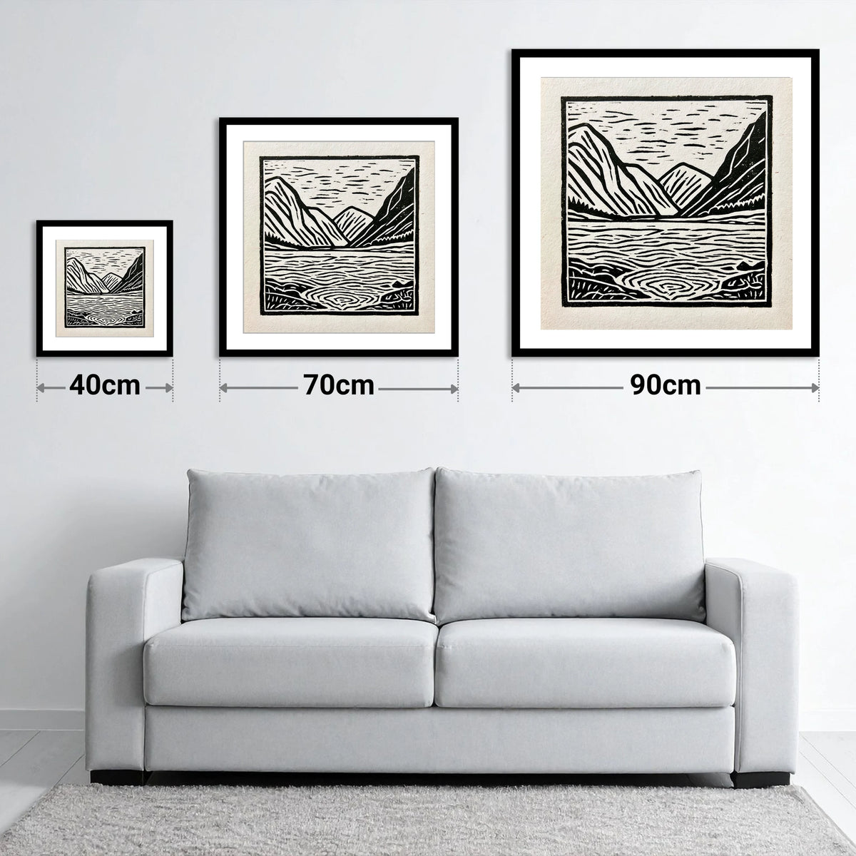 Graphic Ennerdale Water and Fells - size guide showing 40cm, 70cm and 90cm art prints