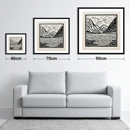 Graphic Ennerdale Water and Fells - size guide showing 40cm, 70cm and 90cm art prints