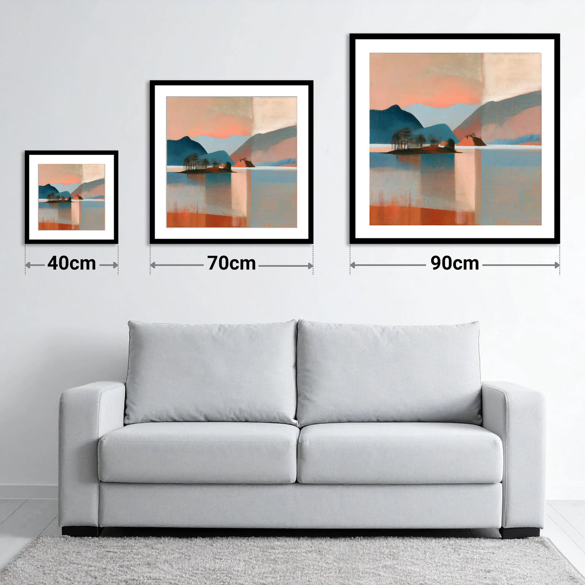 Terracotta Sunset Over Derwentwater - size guide showing 40cm, 70cm and 90cm art prints