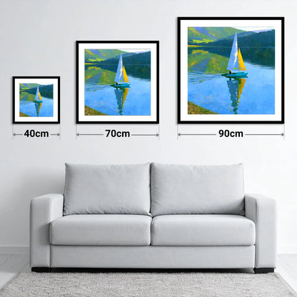 Vivid Sails on a Breezy Lake - size guide showing 40cm, 70cm and 90cm art prints