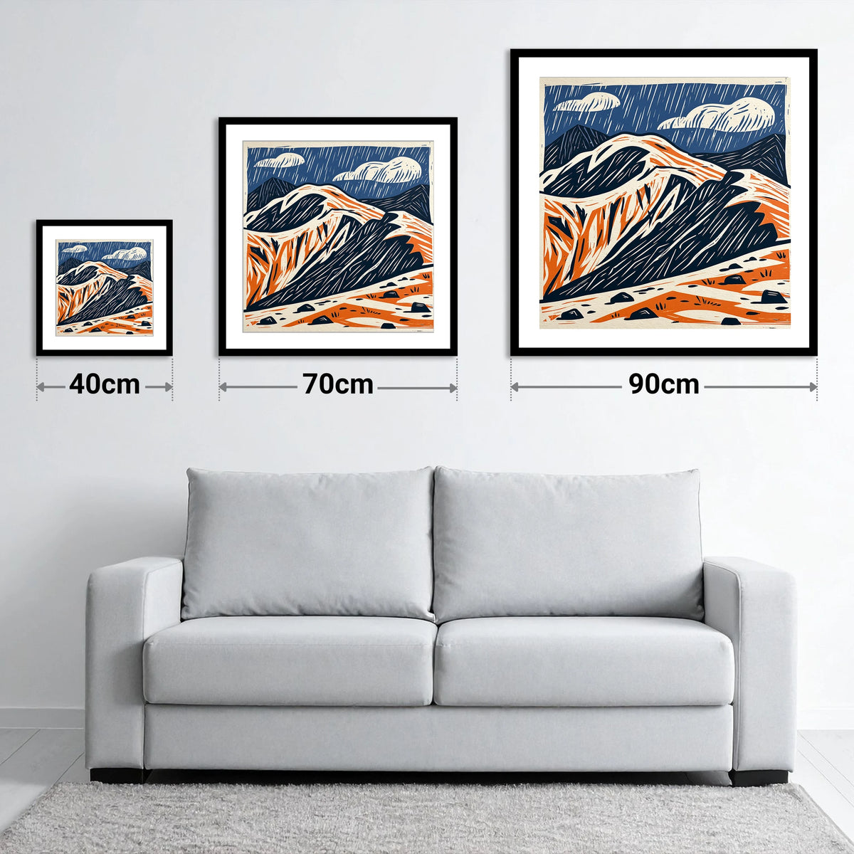 Helvellyn Ridge in Blue and Terracotta - size guide showing 40cm, 70cm and 90cm art prints