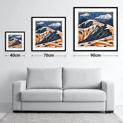 Helvellyn Ridge in Blue and Terracotta - size guide showing 40cm, 70cm and 90cm art prints