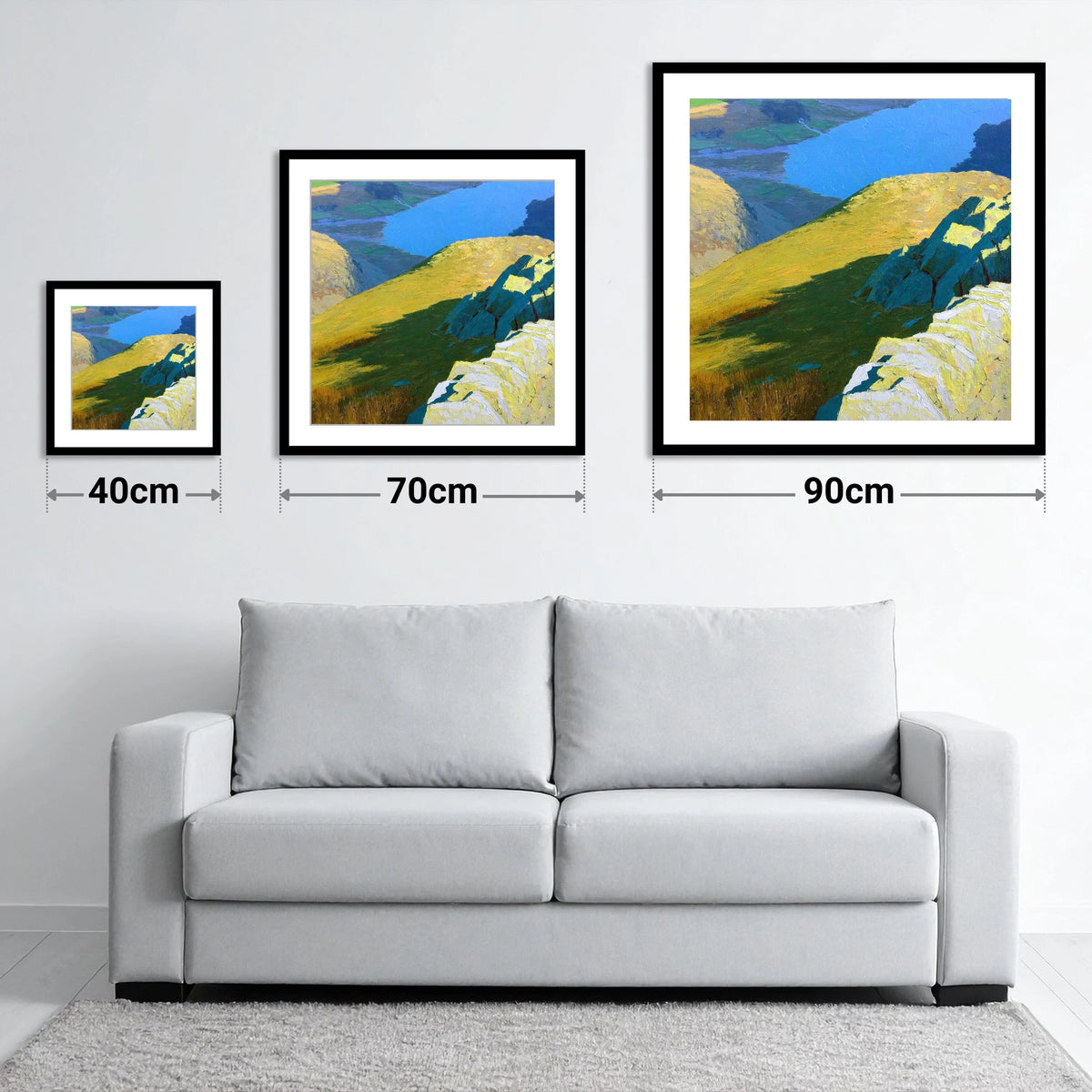 Sunlit Ridge on Stone Arthur - size guide showing 40cm, 70cm and 90cm art prints