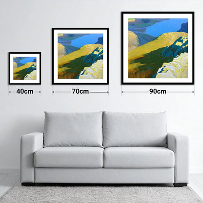 Sunlit Ridge on Stone Arthur - size guide showing 40cm, 70cm and 90cm art prints