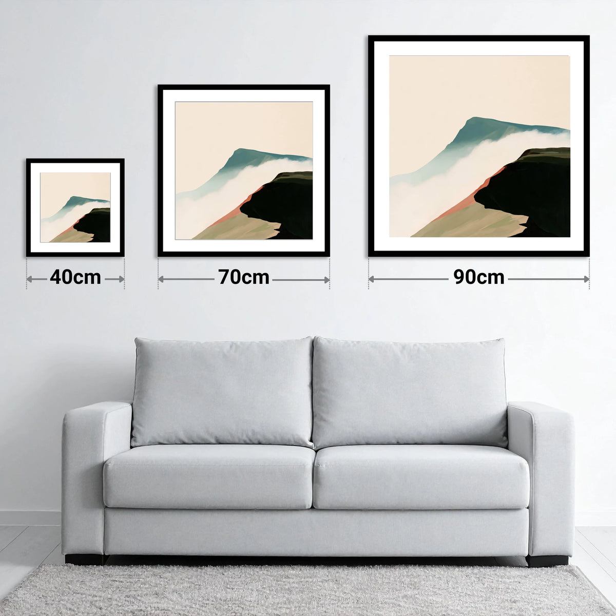 Mountain Ridge Above the Mist - size guide showing 40cm, 70cm and 90cm art prints