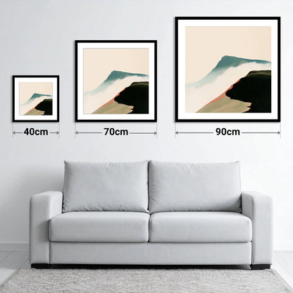 Mountain Ridge Above the Mist - size guide showing 40cm, 70cm and 90cm art prints