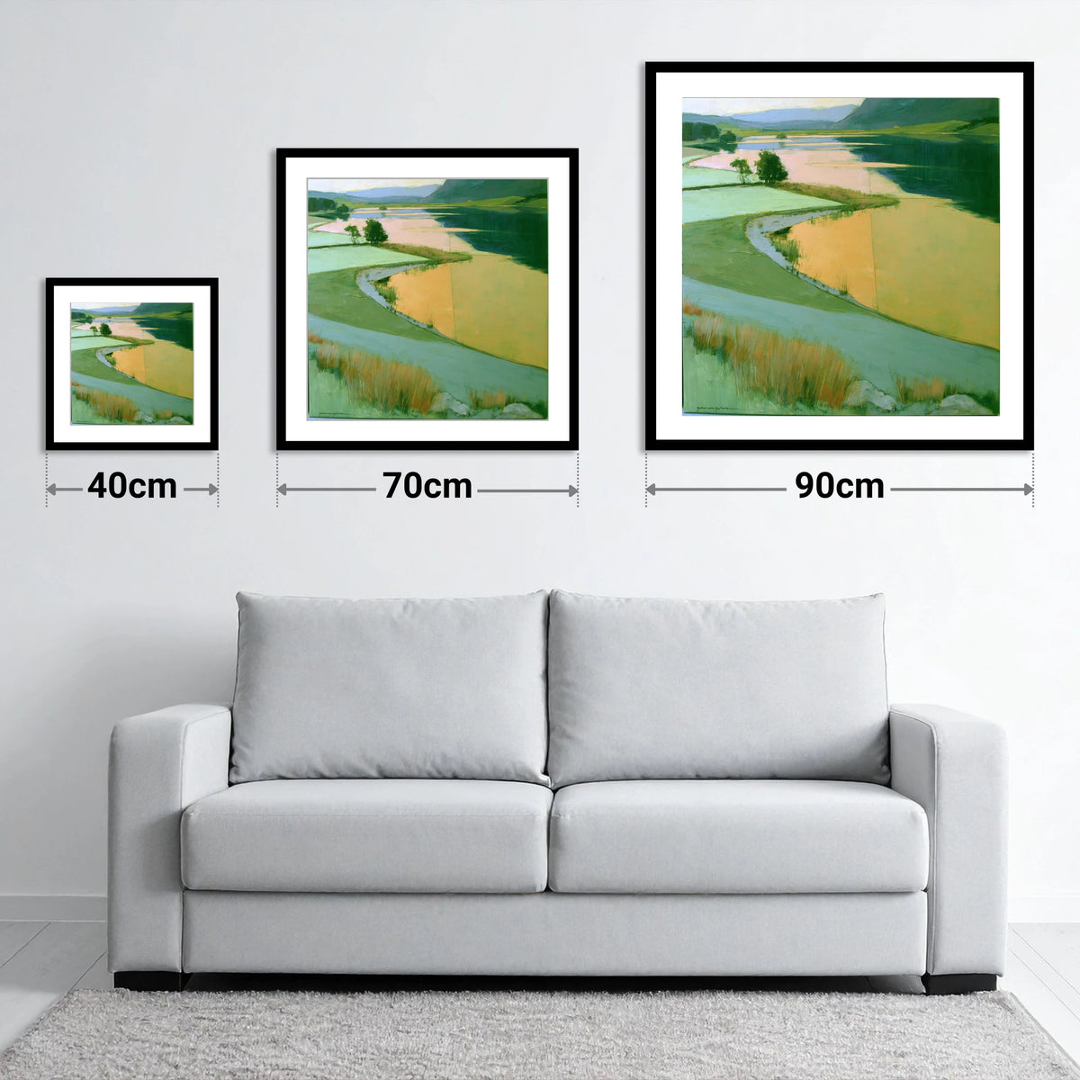 Lake and Golden Valley Fields - size guide showing 40cm, 70cm and 90cm art prints
