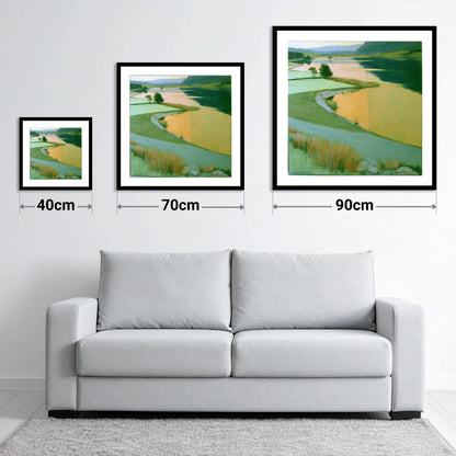 Lake and Golden Valley Fields - size guide showing 40cm, 70cm and 90cm art prints